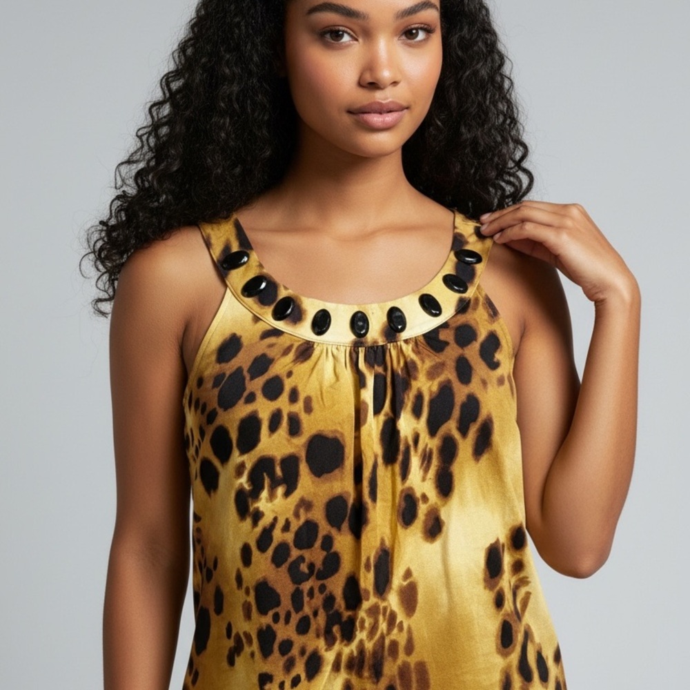 Anne Klein Women Yellow Leopard Print Gemstone Embellished Halter Tank Top S
